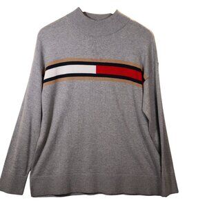 Tommy Hilfiger Womens Grey Mock Neck Sweater With Logo Stripe Design Cotton/Visc